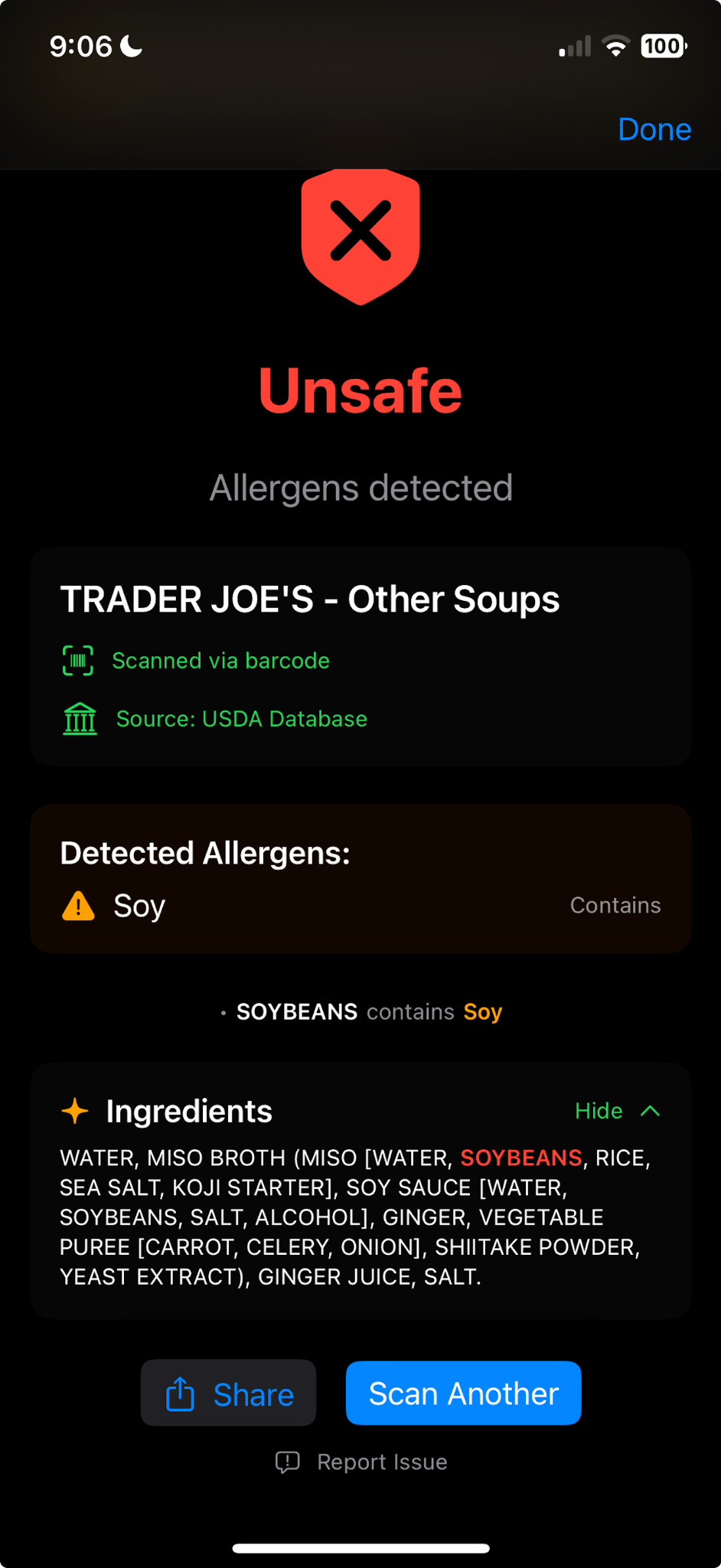 AllergySnap unsafe detection