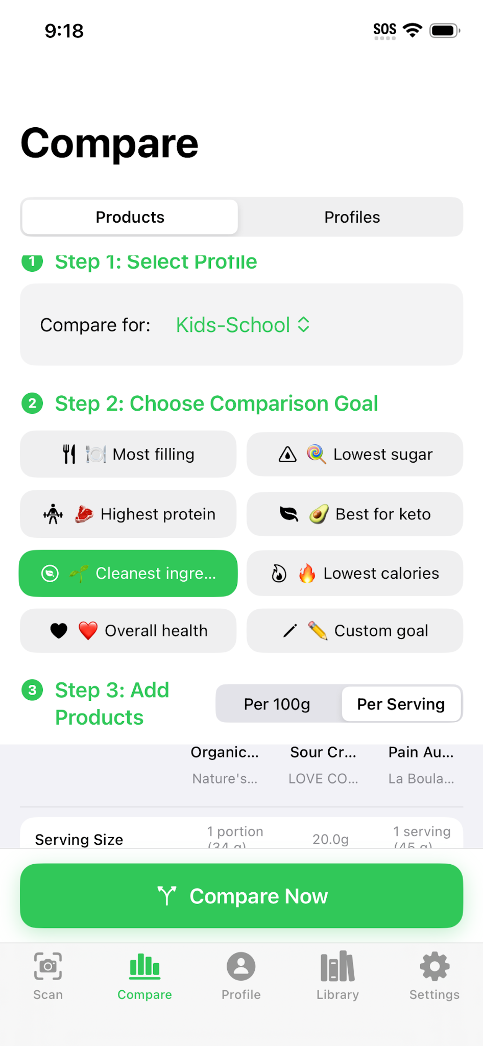 FoodGrader compare flow