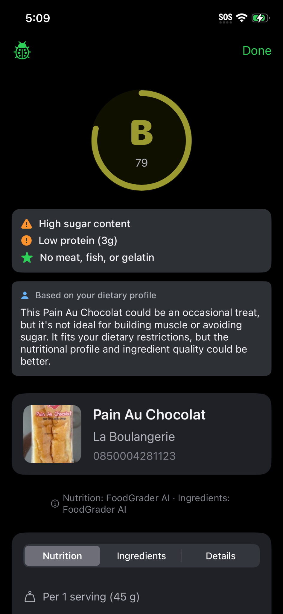 FoodGrader grade view