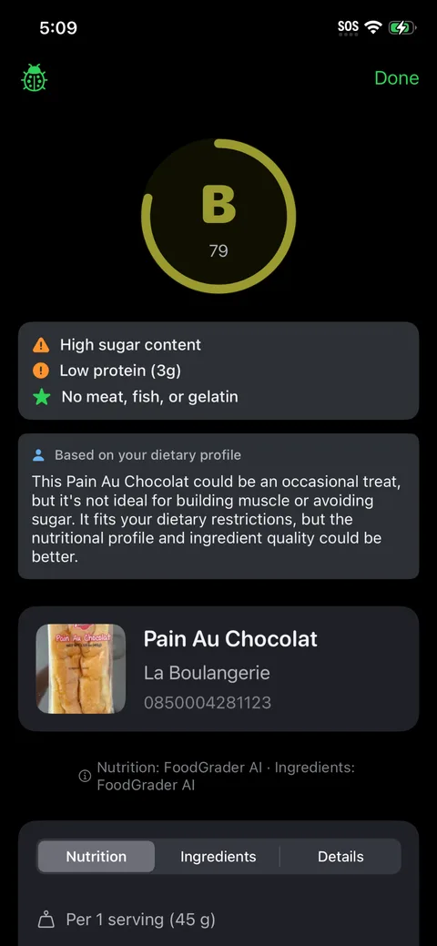 FoodGrader showing an A–F grade for a scanned product